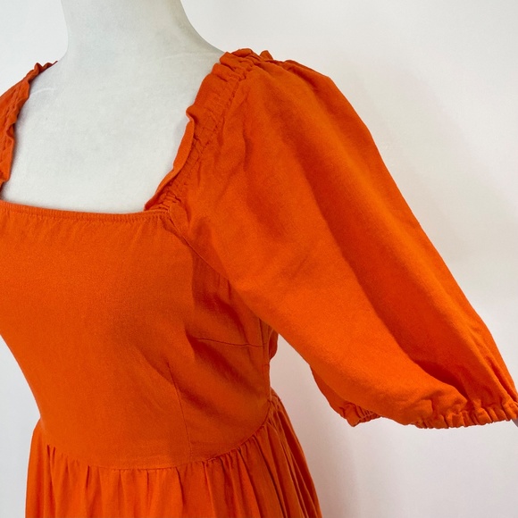 Who What Wear Open Back Tie Puff Sleeve Linen Blend Midi Dress Orange Size XS - Picture 9 of 16
